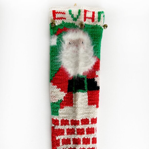 Hand Knit Christmas Stocking Large 21" for EVAN Santa Claus Fuzzy Beard Bells - Picture 7 of 7